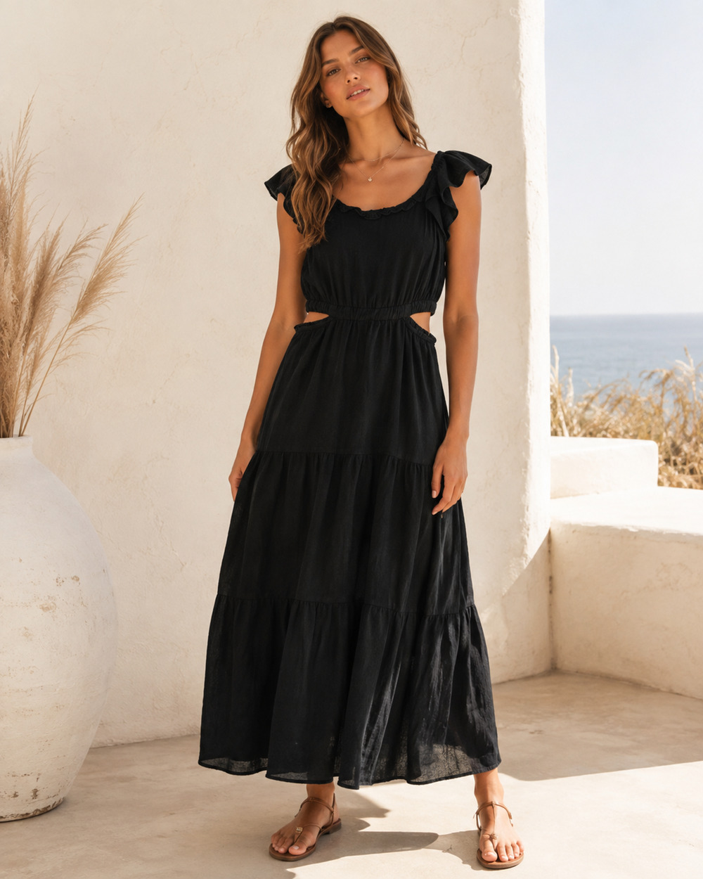 Beach Lunch Lounge Women Maxi Dress Medium Gauzy Cut Out Romantic Coastal Resort